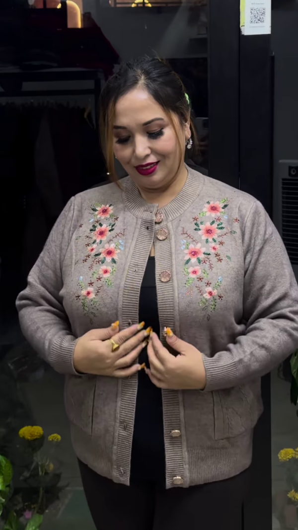 Plus Size Embroidered Pure Acrylic Cardigan