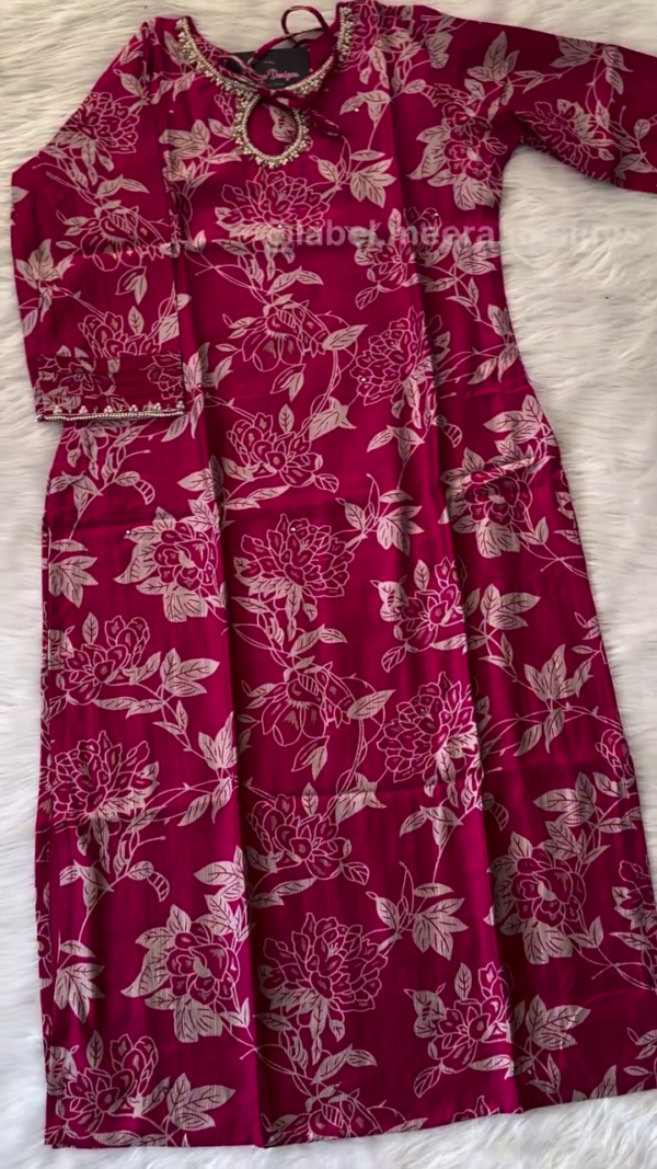 Burgundy Floral Print Kurti with Decorative Neckline - Image 7