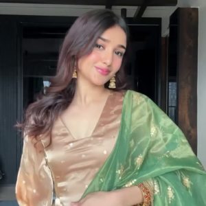 Golden Grace – Silk Suit with Green Embroidered Dupatta