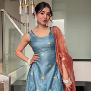 Blue Silk Anarkali Dress with Embroidered Golden Motifs and Matching Dupatta