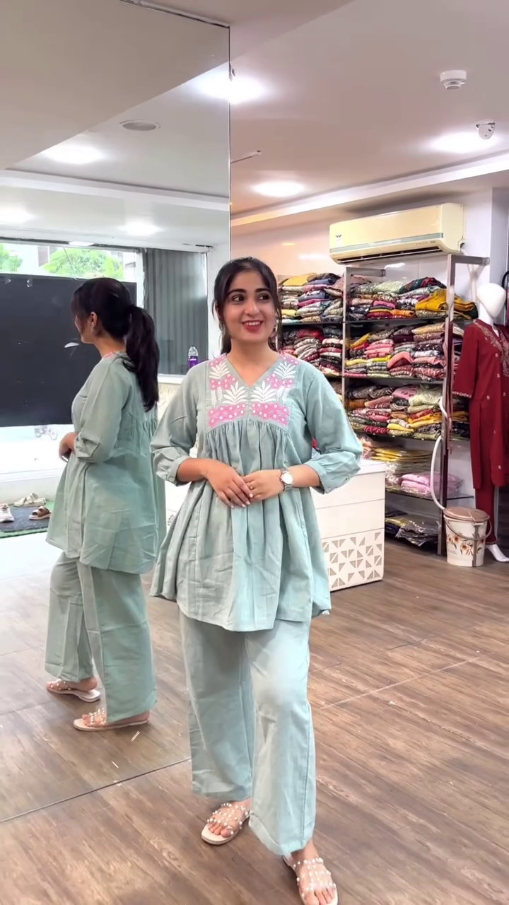 Pastel Green Cotton Co-Ord Set with Embroidered Yoke and Flared Top – Comfortable Ethnic Casual Wear for Women with Matching Wide-Leg Pants - Image 5