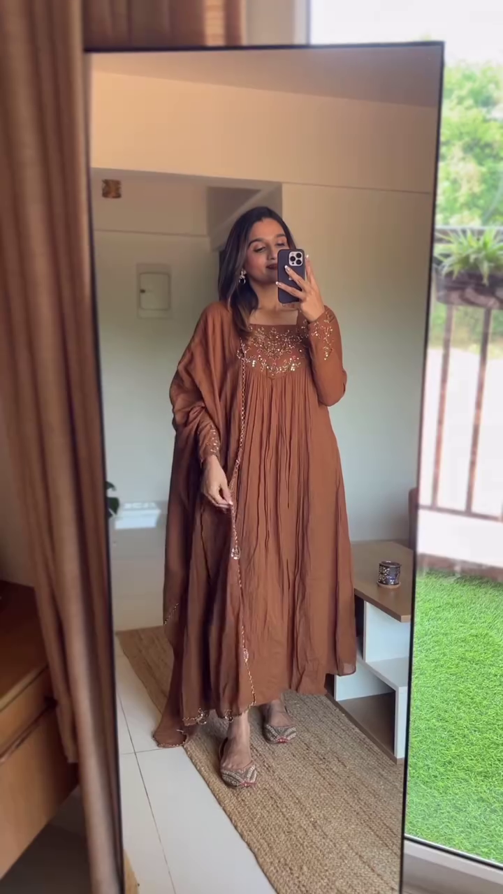 Elegant Hand-Embroidered Rust Brown Anarkali Dress with Flowy Pleats and Intricate Floral Details - Image 2