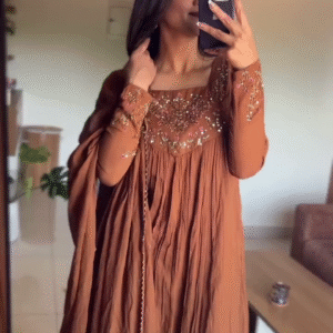 Elegant Hand-Embroidered Rust Brown Anarkali Dress with Flowy Pleats and Intricate Floral Details