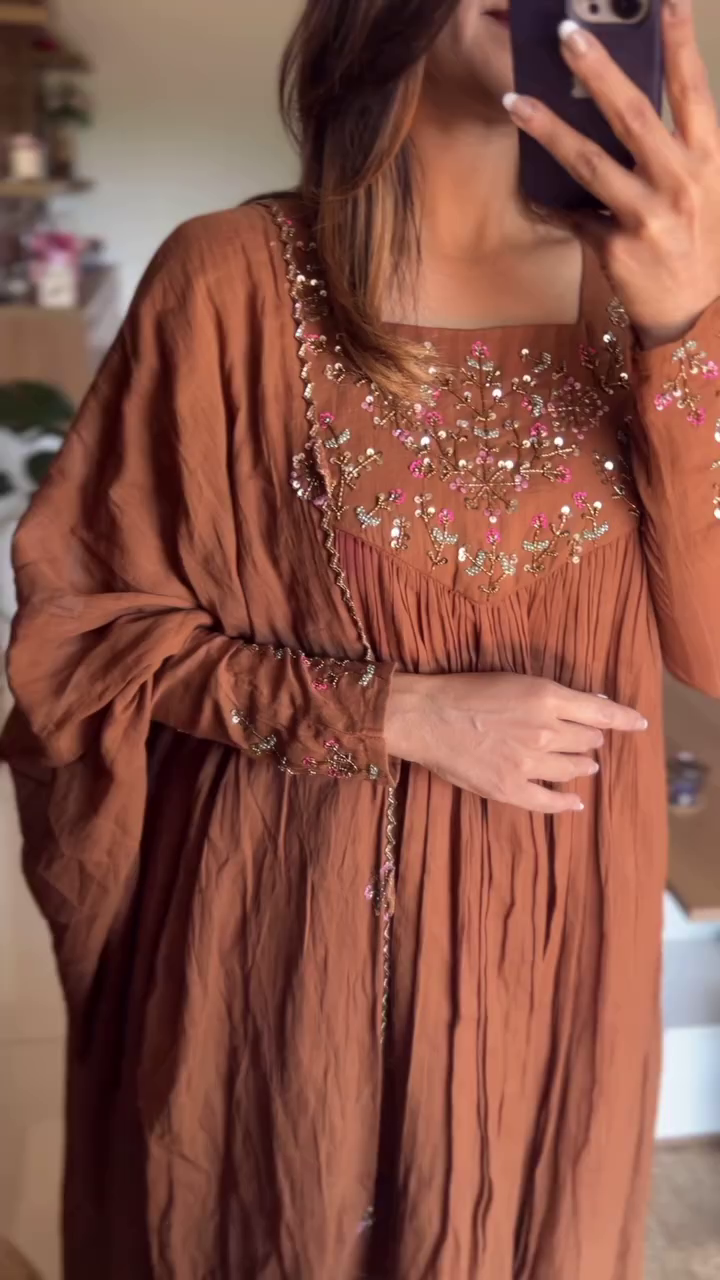 Elegant Hand-Embroidered Rust Brown Anarkali Dress with Flowy Pleats and Intricate Floral Details - Image 4