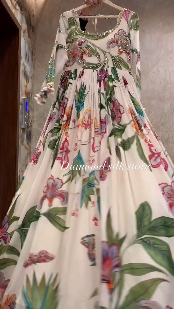 Exquisite Floral Embroidered A-Line Anarkali Dress with Handcrafted Sequins and Modelled Silk Fabric for Festive Occasions - Image 2