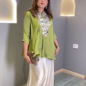 Elegant Chic Embroidered Flowy Tunic in Lush Green and Vibrant Pink with Sequined Detailing
