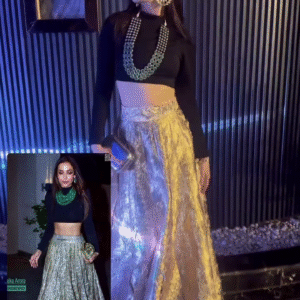 Exquisite Evening Ensemble: Malaika Arora Inspired Ethnic Wear, Featuring a Black Crop Top and Golden Foil Skirt