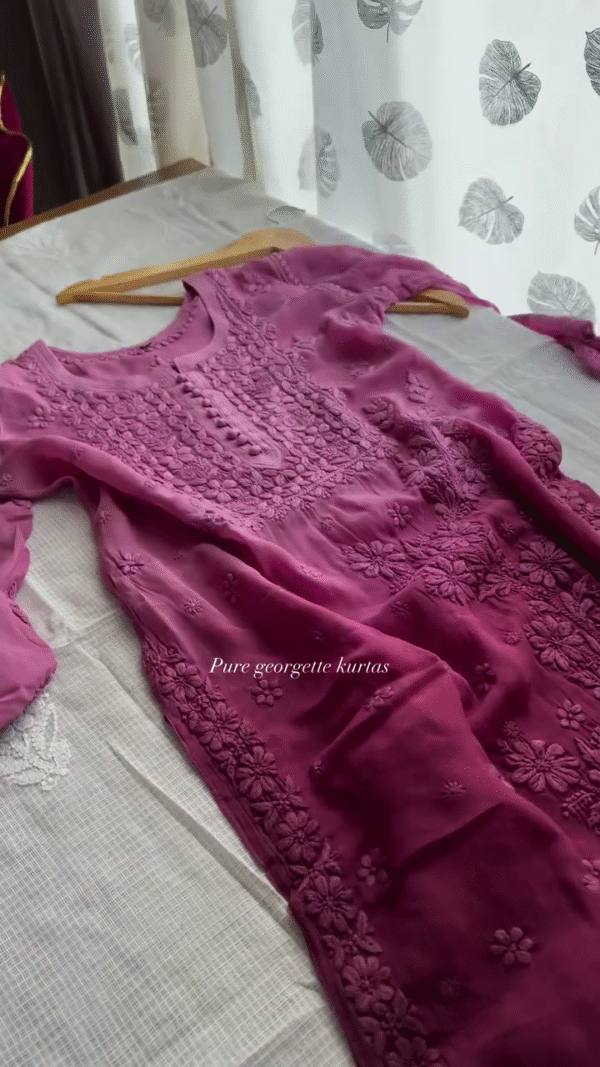 Luxe Floral Hand-Embroidered Pure Georgette Straight-Cut Kurta Collection – Pastel & Jewel Tones