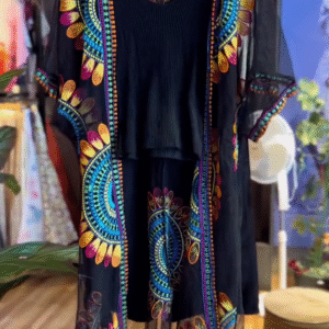 Elegant Embroidered Black Kaftan Dress with Vibrant Colorful Motifs