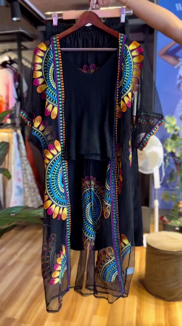 Elegant Embroidered Black Kaftan Dress with Vibrant Colorful Motifs