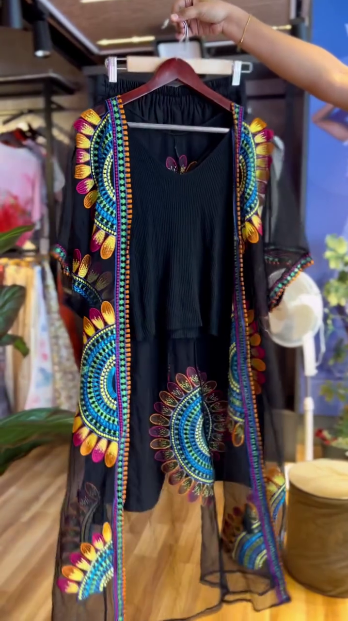 Elegant Embroidered Black Kaftan Dress with Vibrant Colorful Motifs - Image 4
