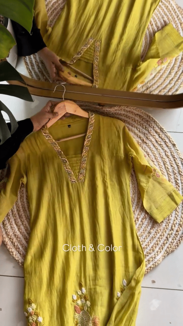 Elegant Mustard Yellow Hand-Embroidered Kurta Set with Sequin Embellished Neckline and Matching Dupatta in Soft Cotton-Silk Blend Fabric – Festive & Ethnic Wear for Women