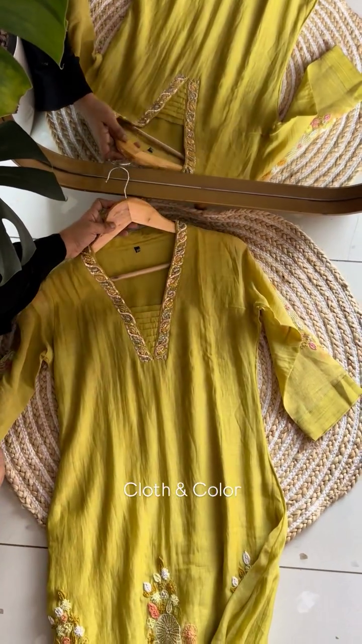 Elegant Mustard Yellow Hand-Embroidered Kurta Set with Sequin Embellished Neckline and Matching Dupatta in Soft Cotton-Silk Blend Fabric – Festive & Ethnic Wear for Women