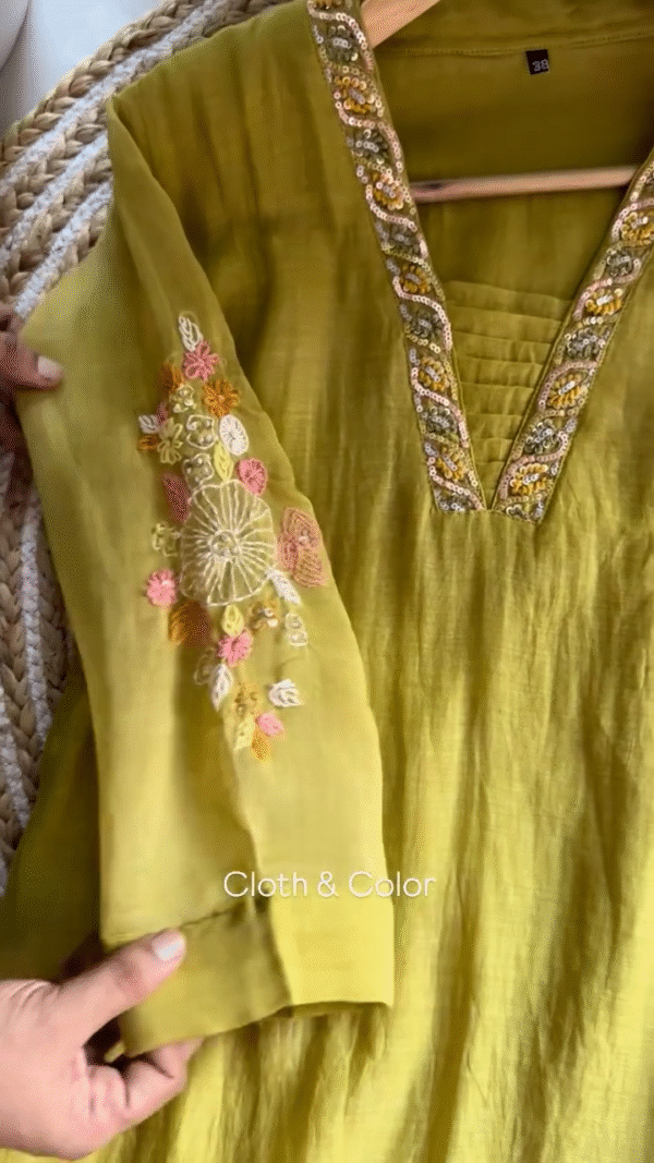 Elegant Mustard Yellow Hand-Embroidered Kurta Set with Sequin Embellished Neckline and Matching Dupatta in Soft Cotton-Silk Blend Fabric – Festive & Ethnic Wear for Women - Image 2