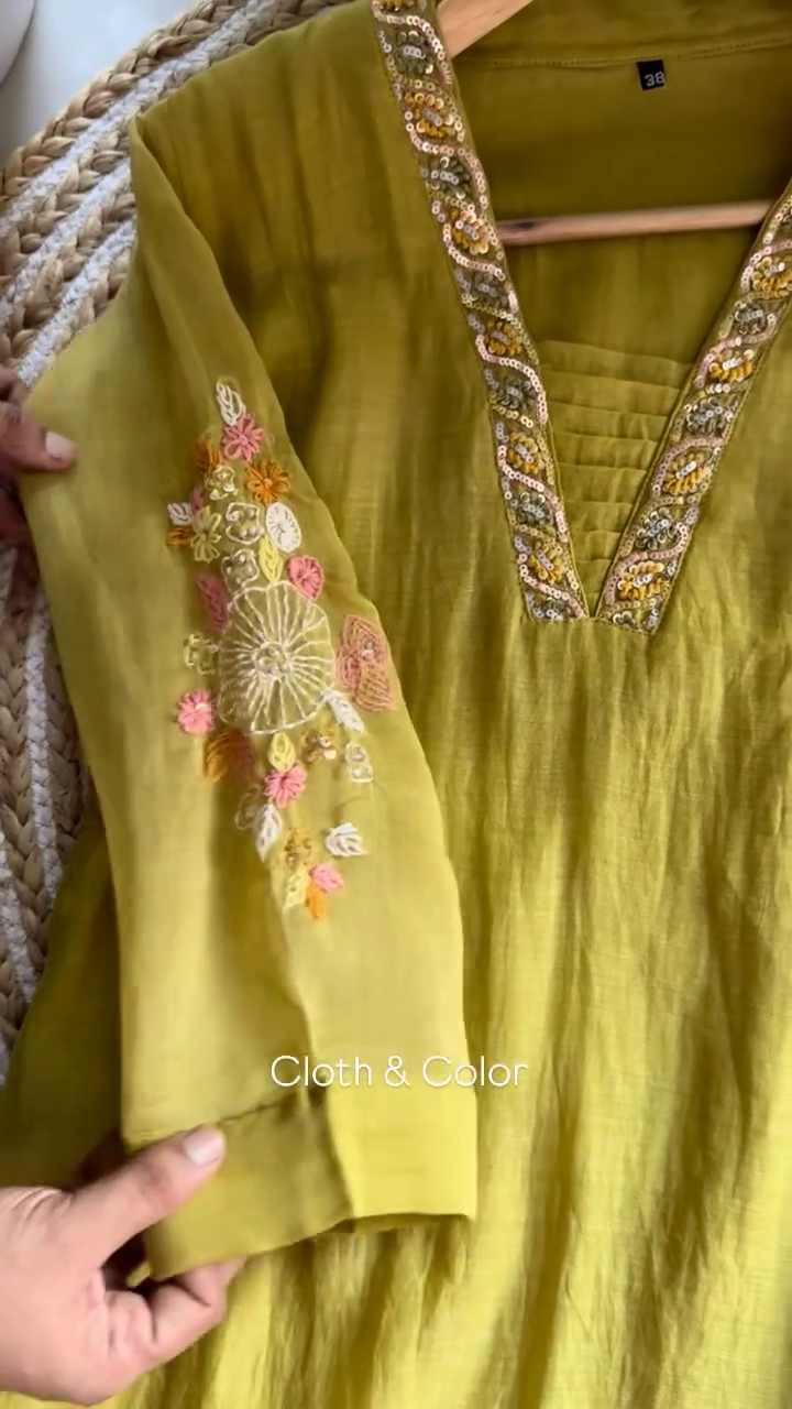 Elegant Mustard Yellow Hand-Embroidered Kurta Set with Sequin Embellished Neckline and Matching Dupatta in Soft Cotton-Silk Blend Fabric – Festive & Ethnic Wear for Women - Image 2