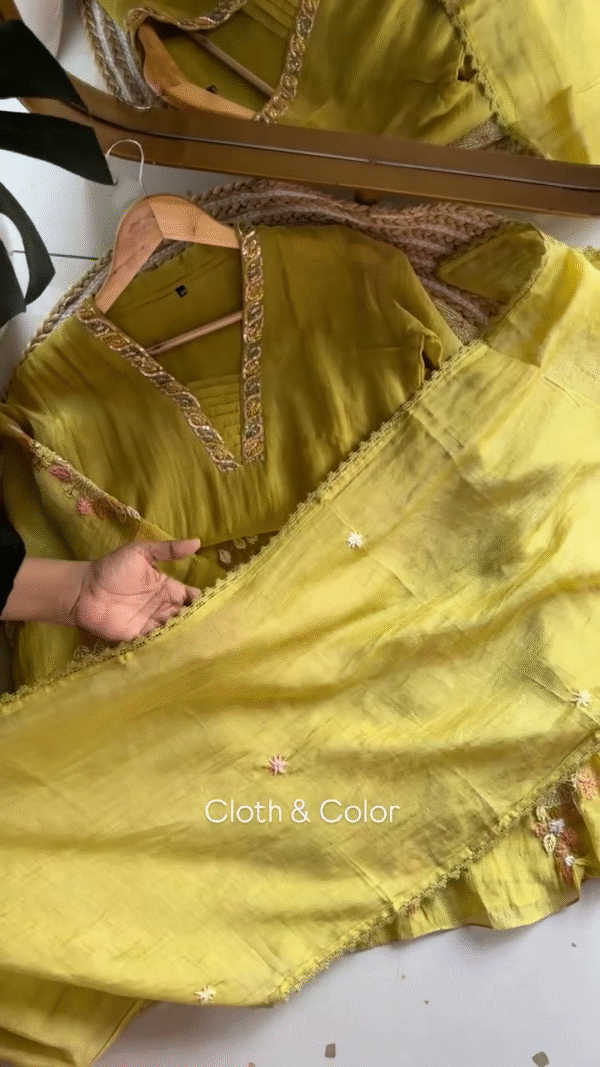 Elegant Mustard Yellow Hand-Embroidered Kurta Set with Sequin Embellished Neckline and Matching Dupatta in Soft Cotton-Silk Blend Fabric – Festive & Ethnic Wear for Women - Image 3