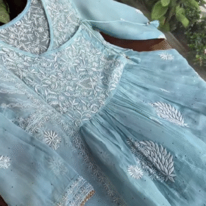 Elegant Powder Blue Hand-Embroidered Chikankari Anarkali Kurta Set with Sequins and Gota Patti Detailing on Organza Fabric