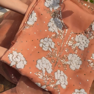 Rust Orange Pure Organza Dupatta with Handcrafted Pearl Beaded Floral Embroidery, Sequin Detailing, and Metallic Thread Accents – Luxury Ethnic Wear for Festive and Wedding Occasions