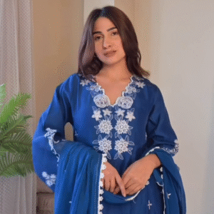 Elegant Royal Blue Soft Cotton Kurta Set with Intricate White Thread Floral Embroidery, Flared Sleeves, and Matching Embroidered Dupatta – Ethnic Wear for Festive Days, Brunches & Casual Celebrations