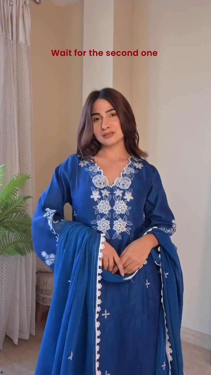 Elegant Royal Blue Soft Cotton Kurta Set with Intricate White Thread Floral Embroidery, Flared Sleeves, and Matching Embroidered Dupatta – Ethnic Wear for Festive Days, Brunches & Casual Celebrations