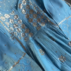 Turquoise Blue Pure Georgette Anarkali Kurta with Hand-Embroidered Mirror Work, Sequin Detailing & Gota Patti Borders