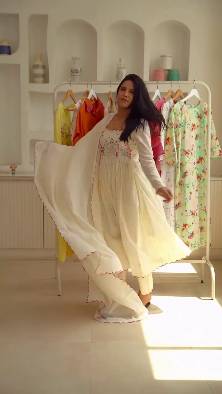 Elegant Floral Embroidered Long Sleeve Anarkali Dress with Matching Dupatta - Image 3