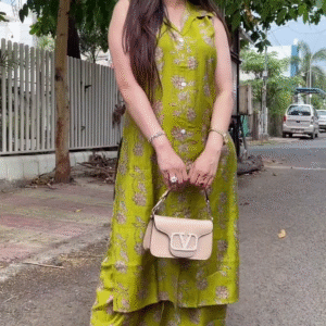 Women’s Traditional Indian Ethnic Sleeveless Green Floral Print Straight Kurta Set with Matching Pants | Collar Neck Cotton Blend Kurti Palazzo Suit | Daily Wear/Office Wear Ethnic Co-ord Set for Women