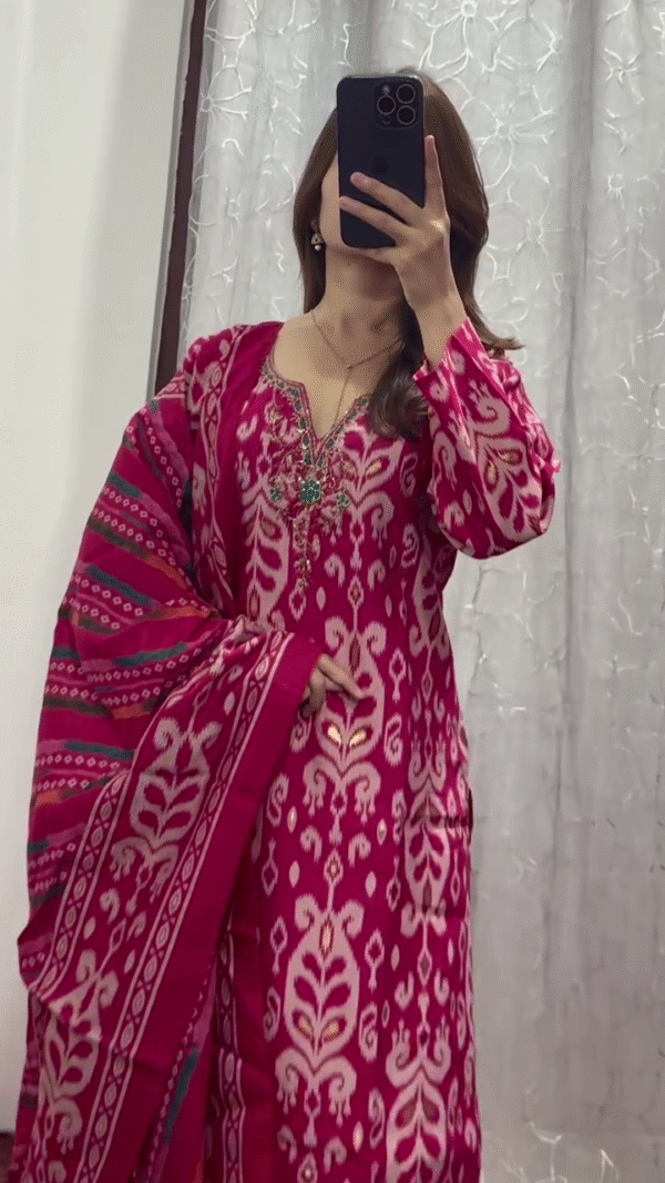 Elegant Magenta Pink Traditional Ikat Printed Soft Cotton Unstitched Salwar Suit Set with Matching Dupatta and Delicate Thread Embroidery for Festive & Casual Wear - Image 3