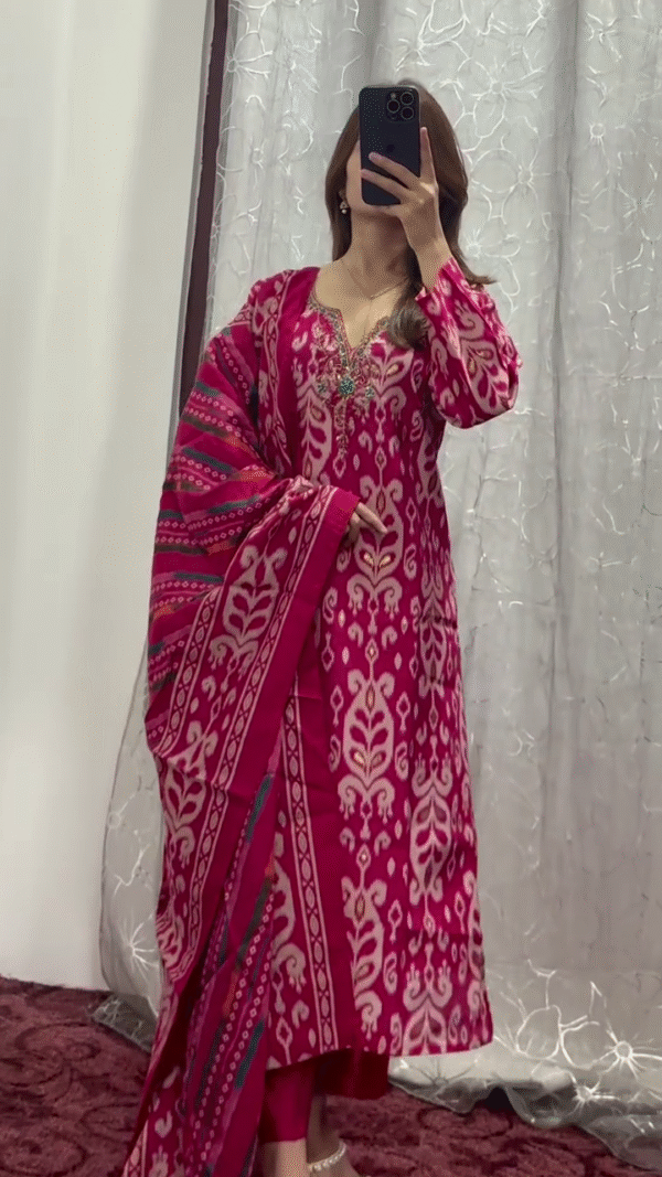 Elegant Magenta Pink Traditional Ikat Printed Soft Cotton Unstitched Salwar Suit Set with Matching Dupatta and Delicate Thread Embroidery for Festive & Casual Wear - Image 2