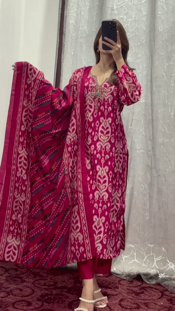 Elegant Magenta Pink Traditional Ikat Printed Soft Cotton Unstitched Salwar Suit Set with Matching Dupatta and Delicate Thread Embroidery for Festive & Casual Wear - Image 5