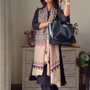 Elegant Midnight Black Straight Kurta Set with Beige-Pink Geometric Ikat Print Dupatta and Matching Trousers