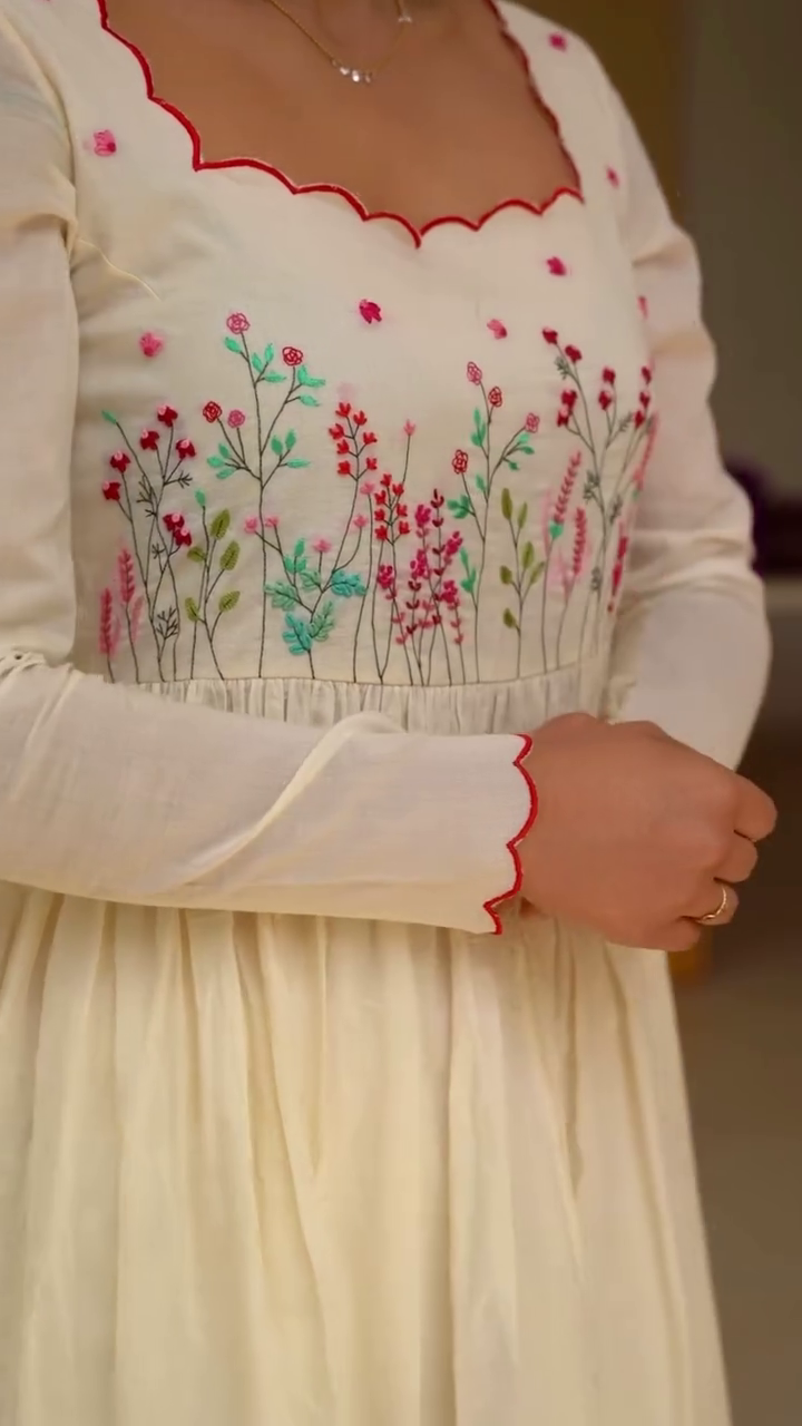 Elegant Floral Embroidered Long Sleeve Anarkali Dress with Matching Dupatta - Image 4