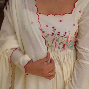 Elegant Floral Embroidered Long Sleeve Anarkali Dress with Matching Dupatta