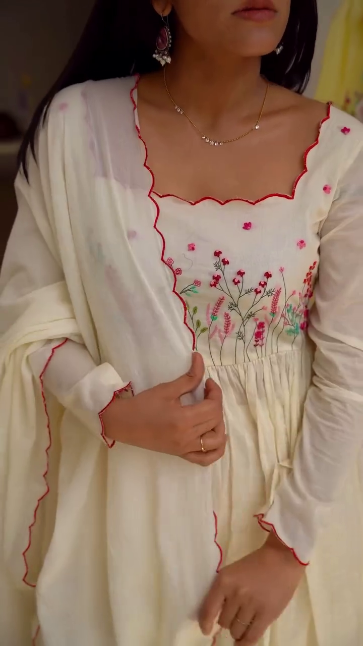 Elegant Floral Embroidered Long Sleeve Anarkali Dress with Matching Dupatta