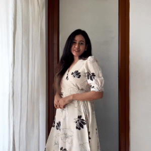 Elegant Floral Wrap Dress in Cream with Black Floral Prints