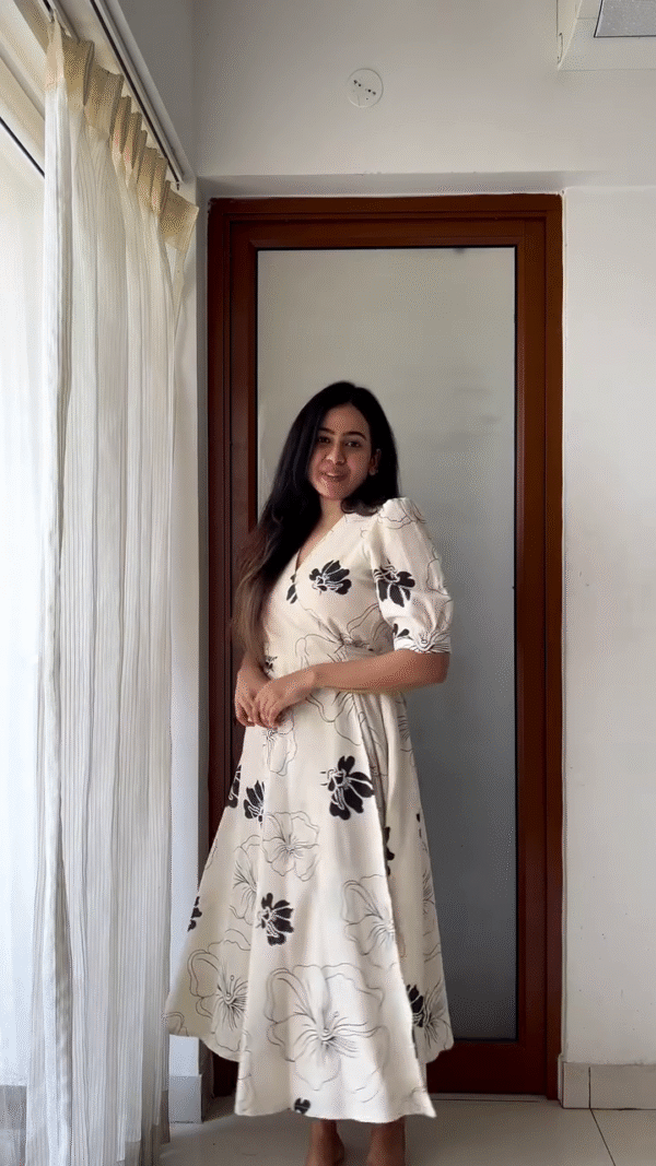 Elegant Floral Wrap Dress in Cream with Black Floral Prints