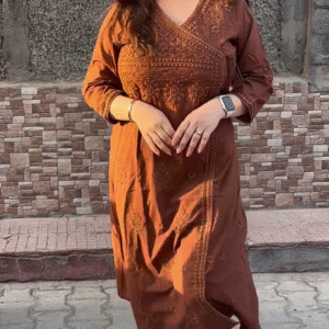Elegant Ethnic Brown Embroidered Long Kurti with Traditional Floral Patterns