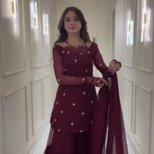 Designer Maroon Georgette Sharara Suit Set with Embroidered Kurti, Sheer Full Sleeves, Golden Sequin Motifs & Matching Dupatta – Elegant Traditional Wear for Wedding Functions, Festivals & Special Occasions