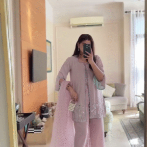 Elegant Pastel Lilac Anarkali Suit with Embellished Details and Chiffon Dupatta