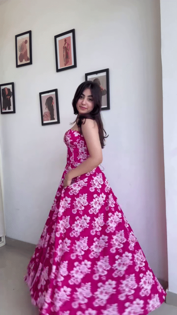Blossom Radiance Strapless Maxi Dress for Women – Fuchsia Pink Flared Gown with White Floral Print and Hidden Side Pockets – Lightweight Cotton Blend for Festive, Brunch & Vacation Wear - Image 2