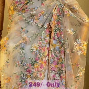 Heavy Embroidered Yellow Net Saree with Multicolour 3D Floral Work and Beads – Festive Traditional Wear