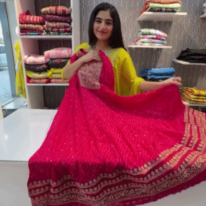 Royal Rajasthani Bandhej Anarkali Gown Set with Dupatta – Traditional Mirror & Gota Work
