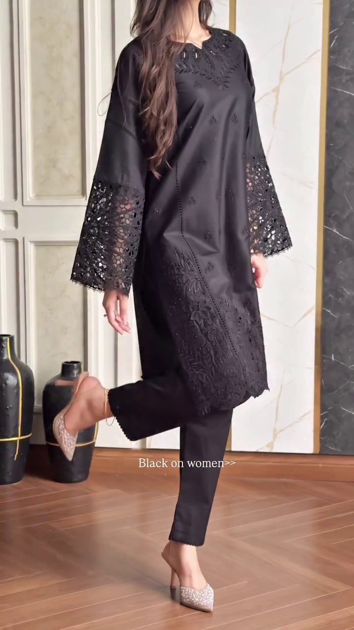 🖤 Elegant Black Embroidered Chiffon Suit with Cutwork Sleeves, Straight Pants & Flowing Dupatta - Image 4