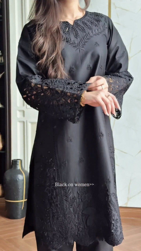 🖤 Elegant Black Embroidered Chiffon Suit with Cutwork Sleeves, Straight Pants & Flowing Dupatta - Image 3