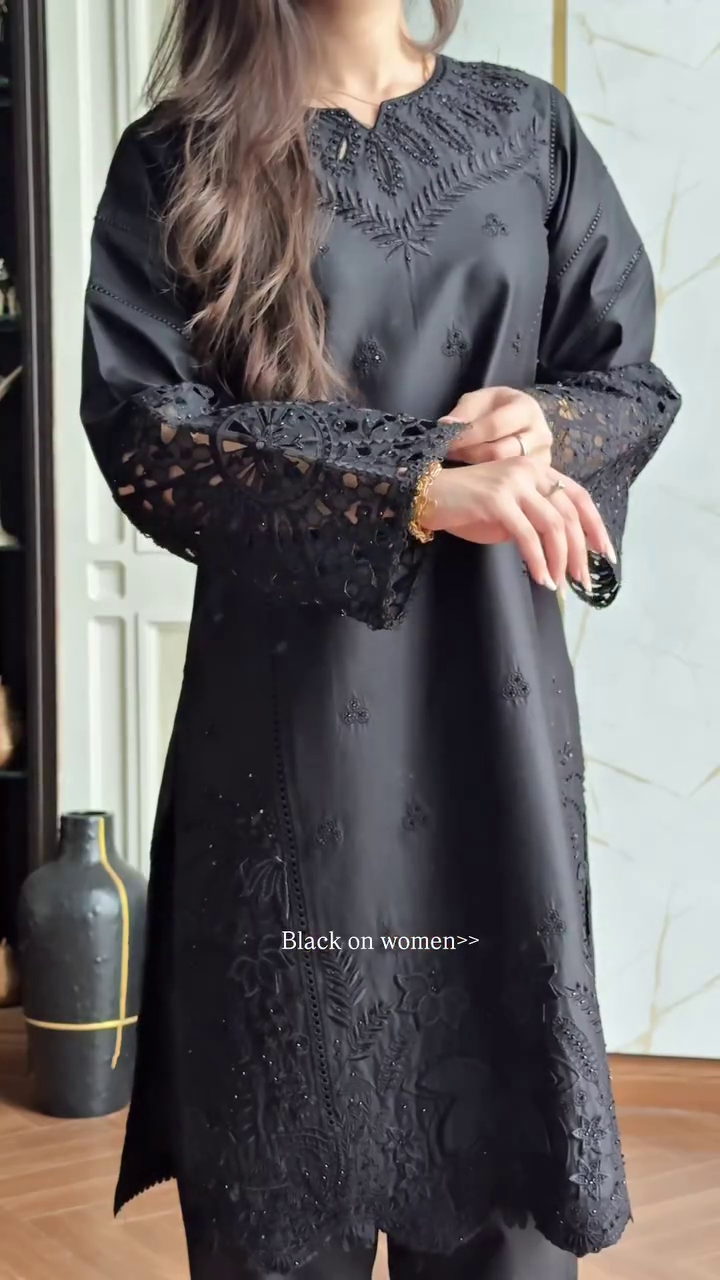 🖤 Elegant Black Embroidered Chiffon Suit with Cutwork Sleeves, Straight Pants & Flowing Dupatta - Image 3