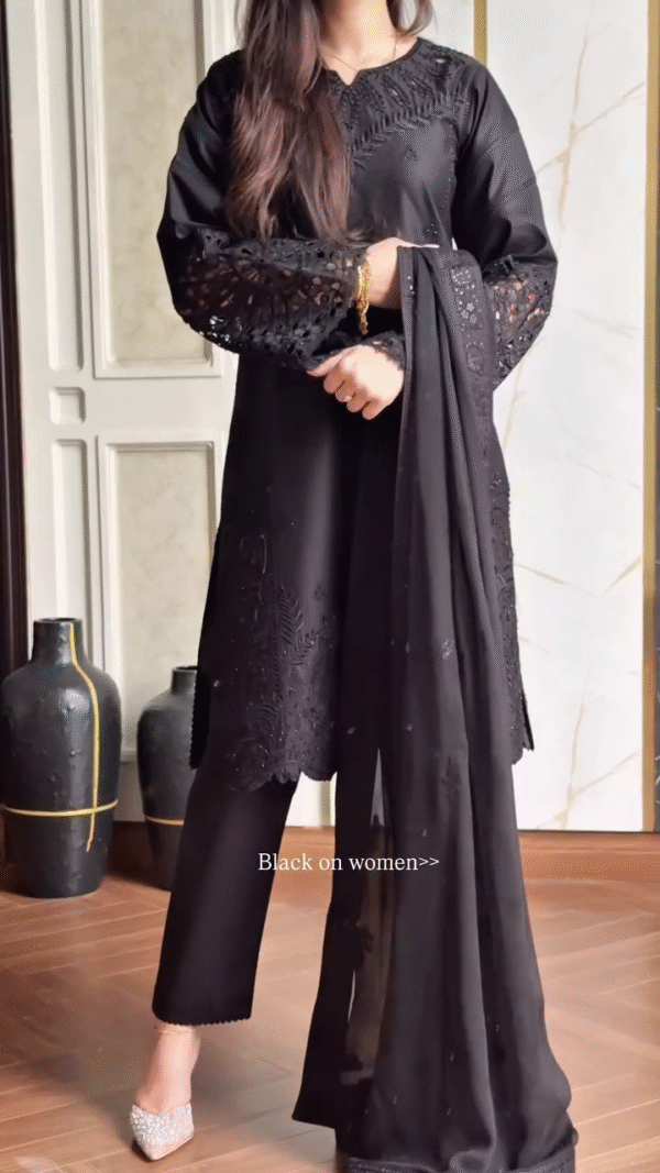 🖤 Elegant Black Embroidered Chiffon Suit with Cutwork Sleeves, Straight Pants & Flowing Dupatta - Image 2