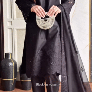 🖤 Elegant Black Embroidered Chiffon Suit with Cutwork Sleeves, Straight Pants & Flowing Dupatta