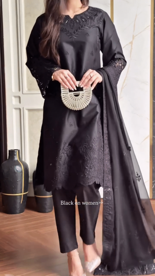 🖤 Elegant Black Embroidered Chiffon Suit with Cutwork Sleeves, Straight Pants & Flowing Dupatta