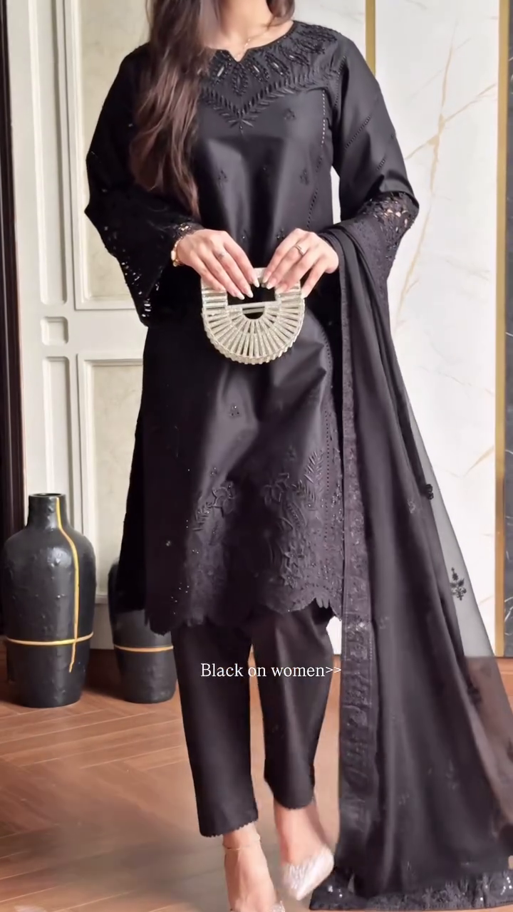🖤 Elegant Black Embroidered Chiffon Suit with Cutwork Sleeves, Straight Pants & Flowing Dupatta