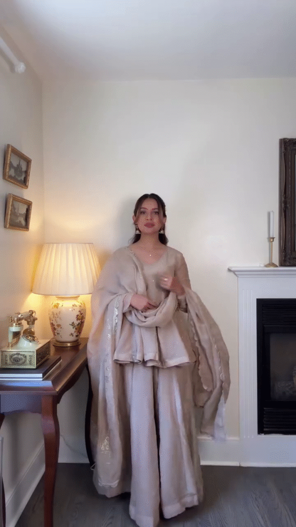 🤍 Champagne Beige Luxury Silk Ensemble with Wide Pants & Heavy Dupatta - Image 4